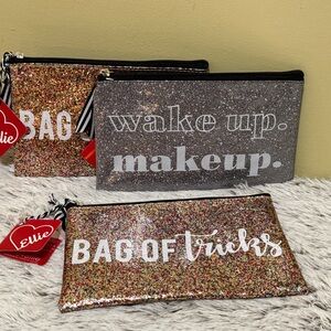 Ellie Sparkle Cosmetic Bag Trio - Glittery Gold, Silver, Multicolor Bundle of 3